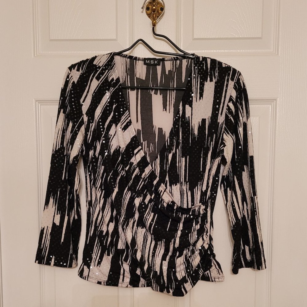 MSK Black and White Surplice V-Neck Sequin Blouse Size M